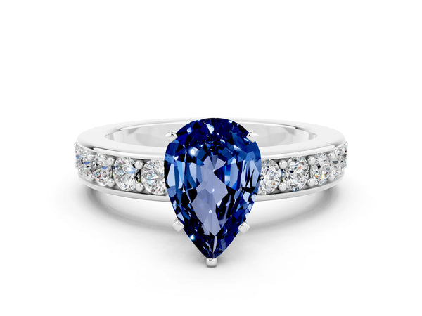 Silver Pear Cut Blue Sapphire Engagement Ring with Channel Set Round  Band and Prong Setting