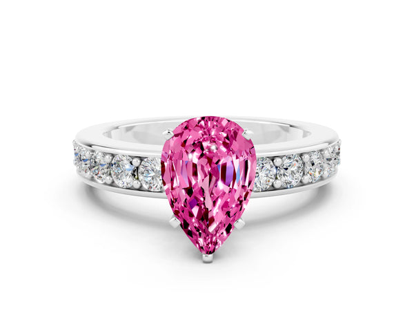 Silver Pear Cut Pink Sapphire Engagement Ring with Channel Set Round  Band and Prong Setting