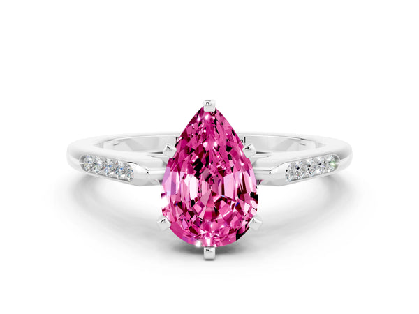 Silver Pear Cut Pink Sapphire Solitaire Ring with Channel Set Round Band and Prong Setting