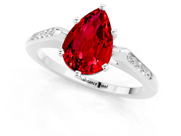 White gold Pear Cut Ruby Solitaire Ring with Channel Set Round Band and Prong Setting