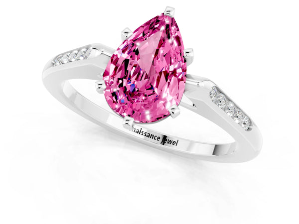 Platinum Pear Cut Pink Sapphire Solitaire Ring with Channel Set Round Band and Prong Setting