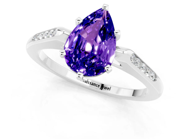 Silver Pear Cut Tanzanite Solitaire Ring with Channel Set Round Band and Prong Setting