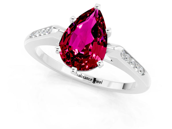 Silver Pear Cut Garnet Solitaire Ring with Channel Set Round Band and Prong Setting