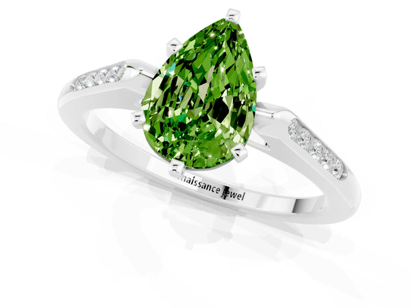 Silver Pear Cut Peridot Solitaire Ring with Channel Set Round Band and Prong Setting