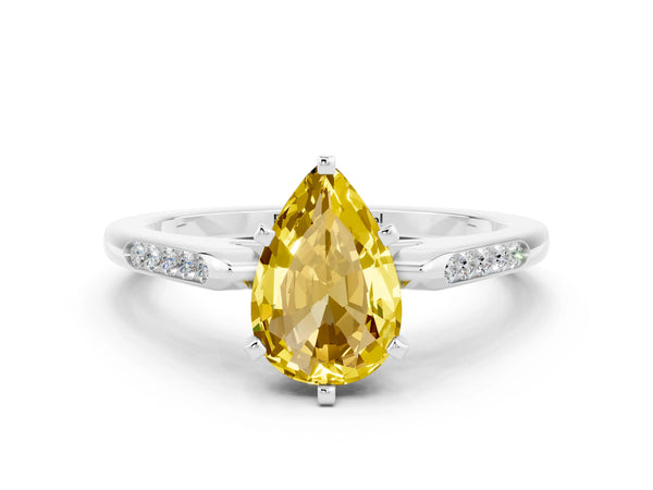 Platinum Pear Cut Yellow Sapphire Solitaire Ring with Channel Set Round Band and Prong Setting