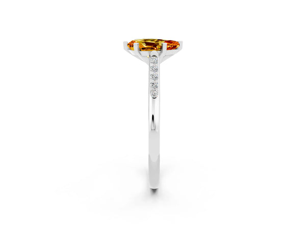 Platinum Pear Cut Citrine Solitaire Ring with Channel Set Round Band and Prong Setting