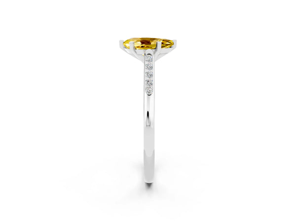 Platinum Pear Cut Yellow Sapphire Solitaire Ring with Channel Set Round Band and Prong Setting
