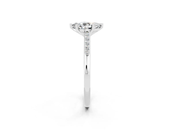 Platinum Pear Cut Moissanite Solitaire Ring with Channel Set Round Band and Prong Setting