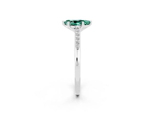 Silver Pear Cut Green Sapphire Solitaire Ring with Channel Set Round Band and Prong Setting