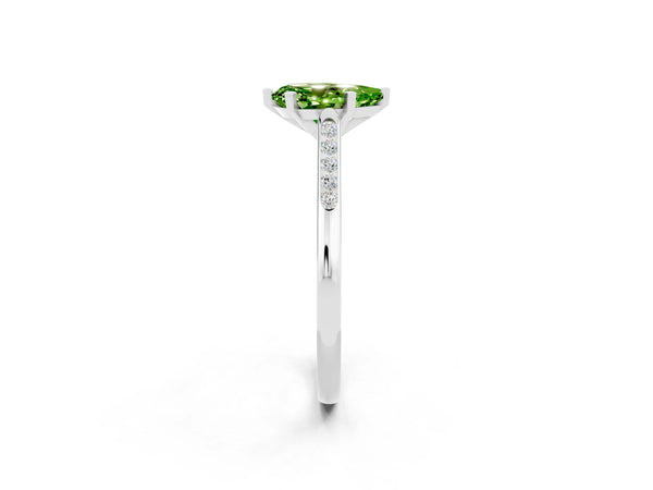 White gold Pear Cut Peridot Solitaire Ring with Channel Set Round Band and Prong Setting