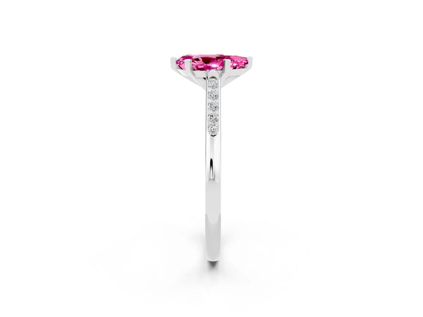 Silver Pear Cut Pink Sapphire Solitaire Ring with Channel Set Round Band and Prong Setting