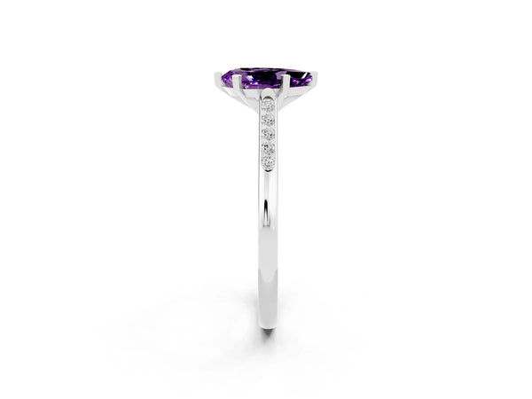 Platinum Pear Cut Amethyst Solitaire Ring with Channel Set Round Band and Prong Setting