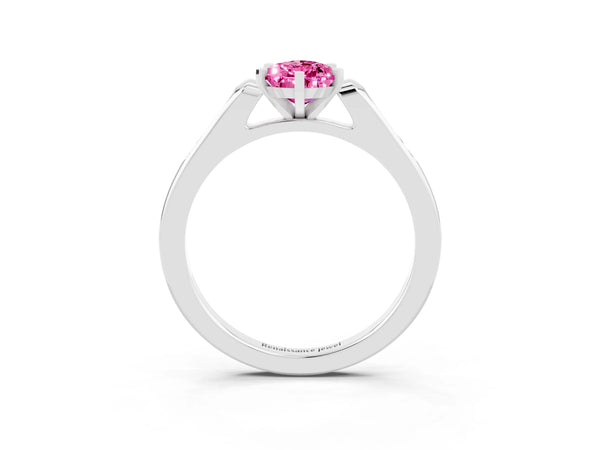 Silver Pear Cut Pink Sapphire Solitaire Ring with Channel Set Round Band and Prong Setting