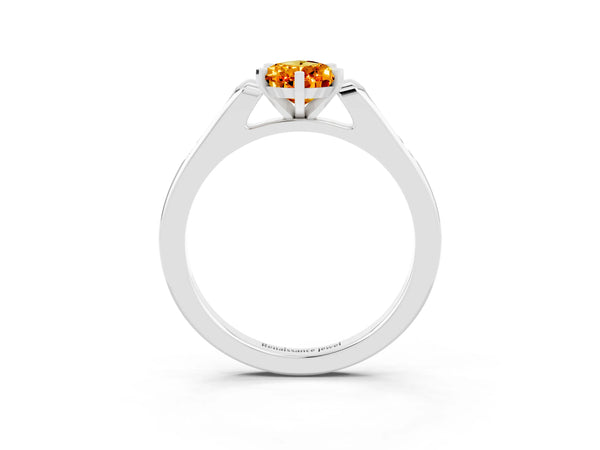 Silver Pear Cut Citrine Solitaire Ring with Channel Set Round Band and Prong Setting