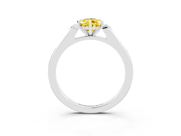 Platinum Pear Cut Yellow Sapphire Solitaire Ring with Channel Set Round Band and Prong Setting