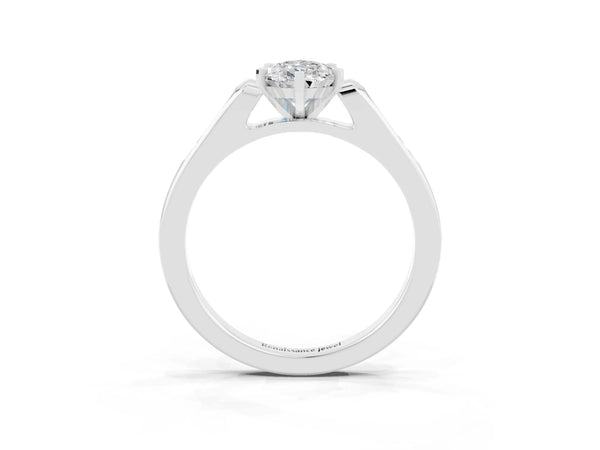 Platinum Pear Cut Moissanite Solitaire Ring with Channel Set Round Band and Prong Setting