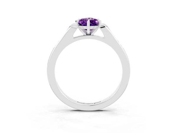 White gold Pear Cut Amethyst Solitaire Ring with Channel Set Round Band and Prong Setting