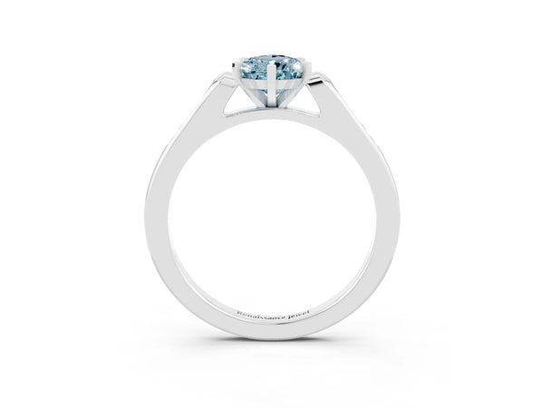 White gold Pear Cut Aquamarine Solitaire Ring with Channel Set Round Band and Prong Setting