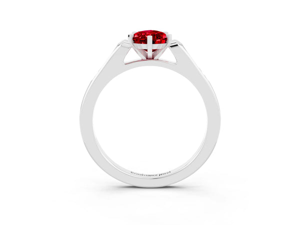 Silver Pear Cut Ruby Solitaire Ring with Channel Set Round Band and Prong Setting