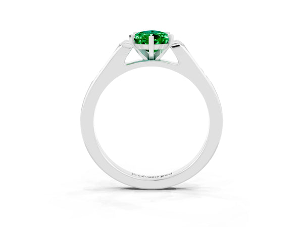 White gold Pear Cut Emerald Solitaire Ring with Channel Set Round Band and Prong Setting