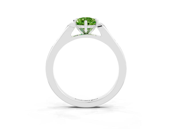 White gold Pear Cut Peridot Solitaire Ring with Channel Set Round Band and Prong Setting