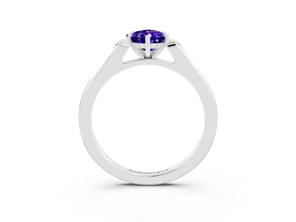 White gold Pear Cut Tanzanite Solitaire Ring with Channel Set Round Band and Prong Setting