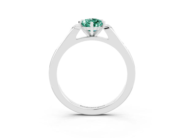 White gold Pear Cut Green Sapphire Solitaire Ring with Channel Set Round Band and Prong Setting