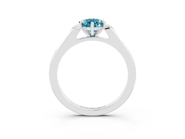 White gold Pear Cut Blue Topaz Solitaire Ring with Channel Set Round Band and Prong Setting
