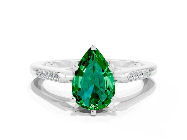 White gold Pear Cut Emerald Solitaire Ring with Channel Set Round Band and Prong Setting