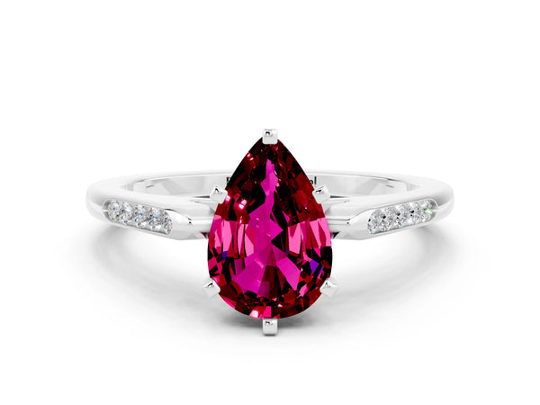 Silver Pear Cut Garnet Solitaire Ring with Channel Set Round Band and Prong Setting