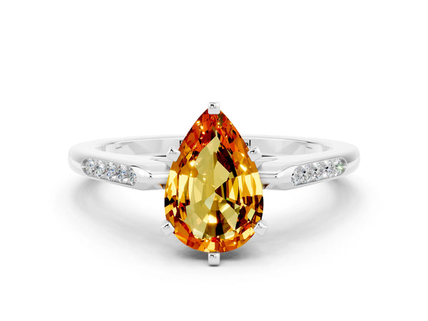 Silver Pear Cut Citrine Solitaire Ring with Channel Set Round Band and Prong Setting
