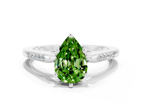 Silver Pear Cut Peridot Solitaire Ring with Channel Set Round Band and Prong Setting