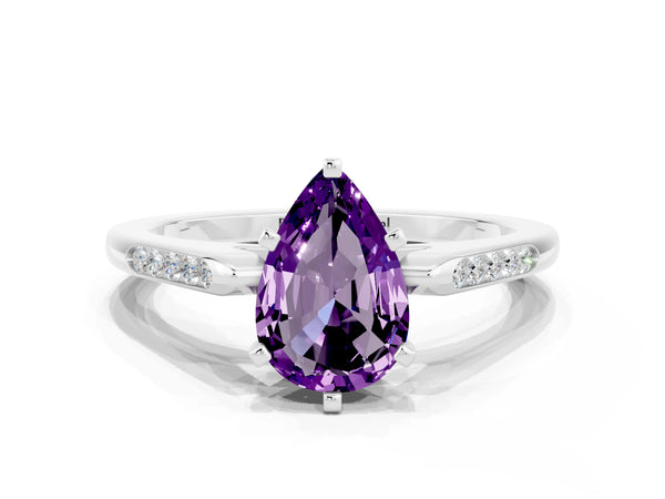 Platinum Pear Cut Amethyst Solitaire Ring with Channel Set Round Band and Prong Setting