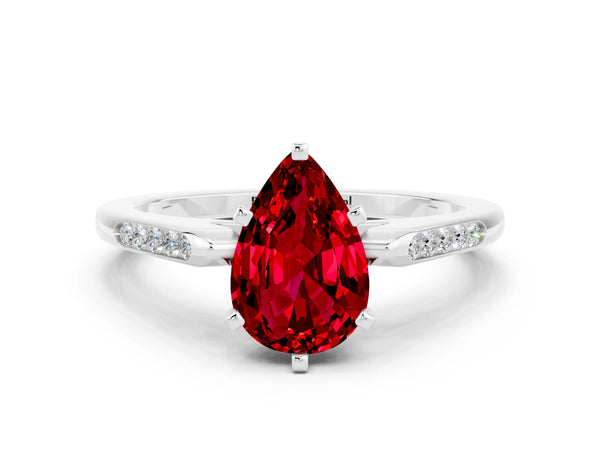 Platinum Pear Cut Ruby Solitaire Ring with Channel Set Round Band and Prong Setting