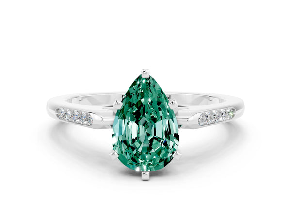 Platinum Pear Cut Green Sapphire Solitaire Ring with Channel Set Round Band and Prong Setting
