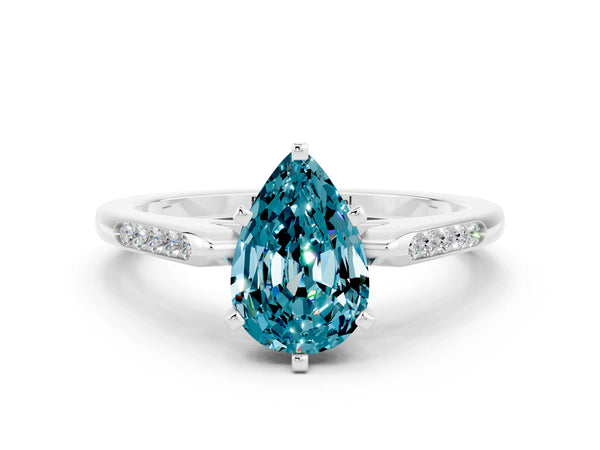White gold Pear Cut Blue Topaz Solitaire Ring with Channel Set Round Band and Prong Setting