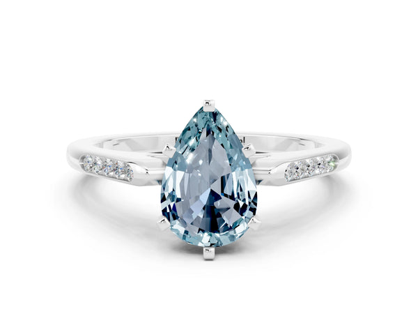 White gold Pear Cut Aquamarine Solitaire Ring with Channel Set Round Band and Prong Setting