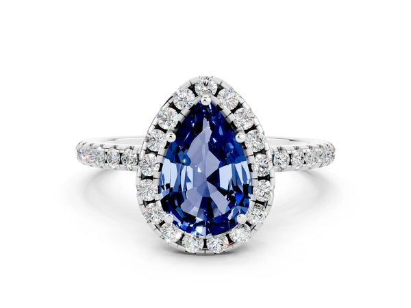 White gold Pear Cut Blue Sapphire Halo Engagement Ring with Round Pavé Band and Prong Setting