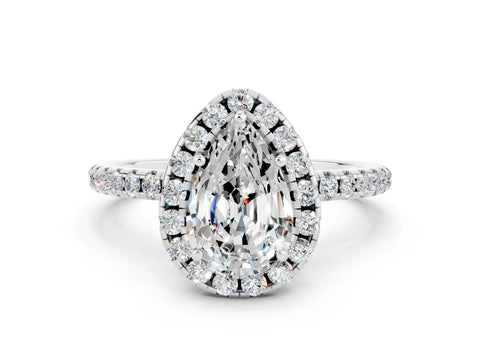 White gold Pear Cut Cut Diamond Floral Halo Engagement Ring with Pavé Band and Prong Setting