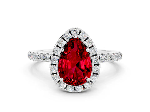 White gold Pear Cut Cut Diamond Floral Halo Engagement Ring with Pavé Band and Prong Setting