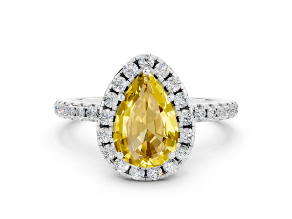 Silver Pear Cut Yellow Sapphire Halo Engagement Ring with Round Pavé Band and Prong Setting