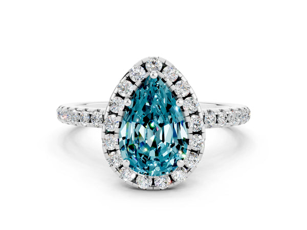 Silver Pear Cut Cut Diamond Floral Halo Engagement Ring with Pavé Band and Prong Setting