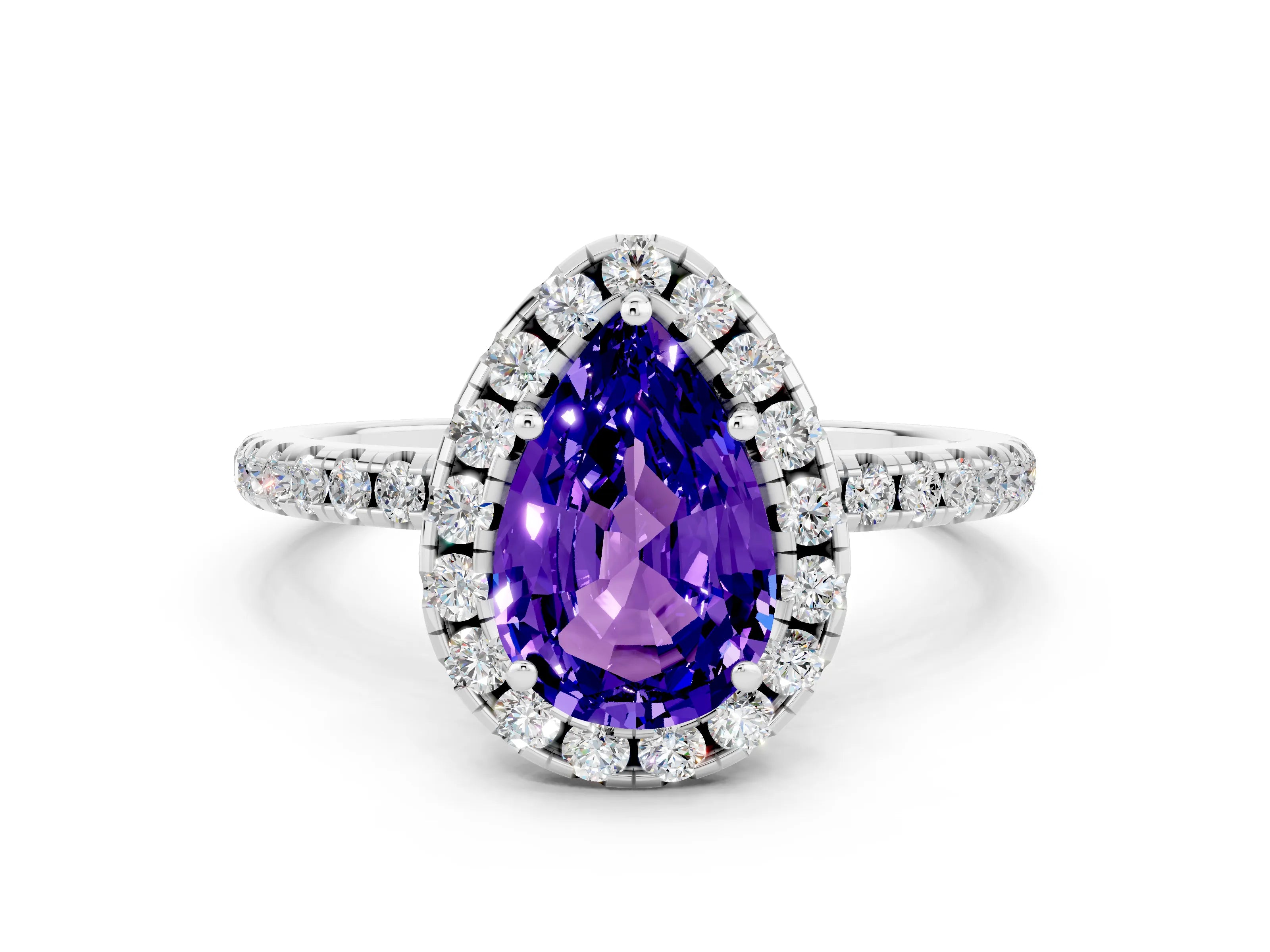 White gold Pear Cut Cut Diamond Floral Halo Engagement Ring with Pavé Band and Prong Setting