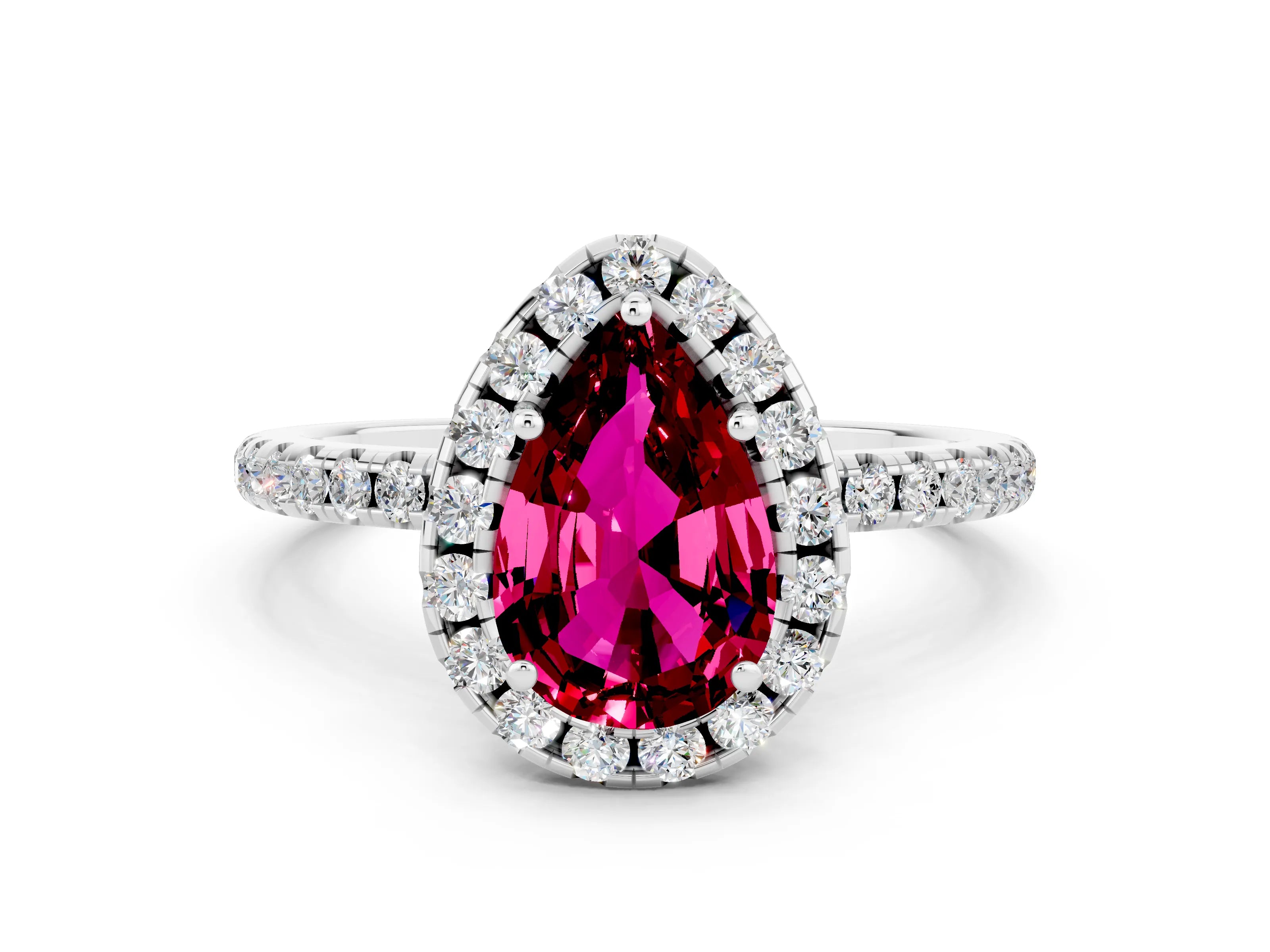 White gold Pear Cut Cut Diamond Floral Halo Engagement Ring with Pavé Band and Prong Setting