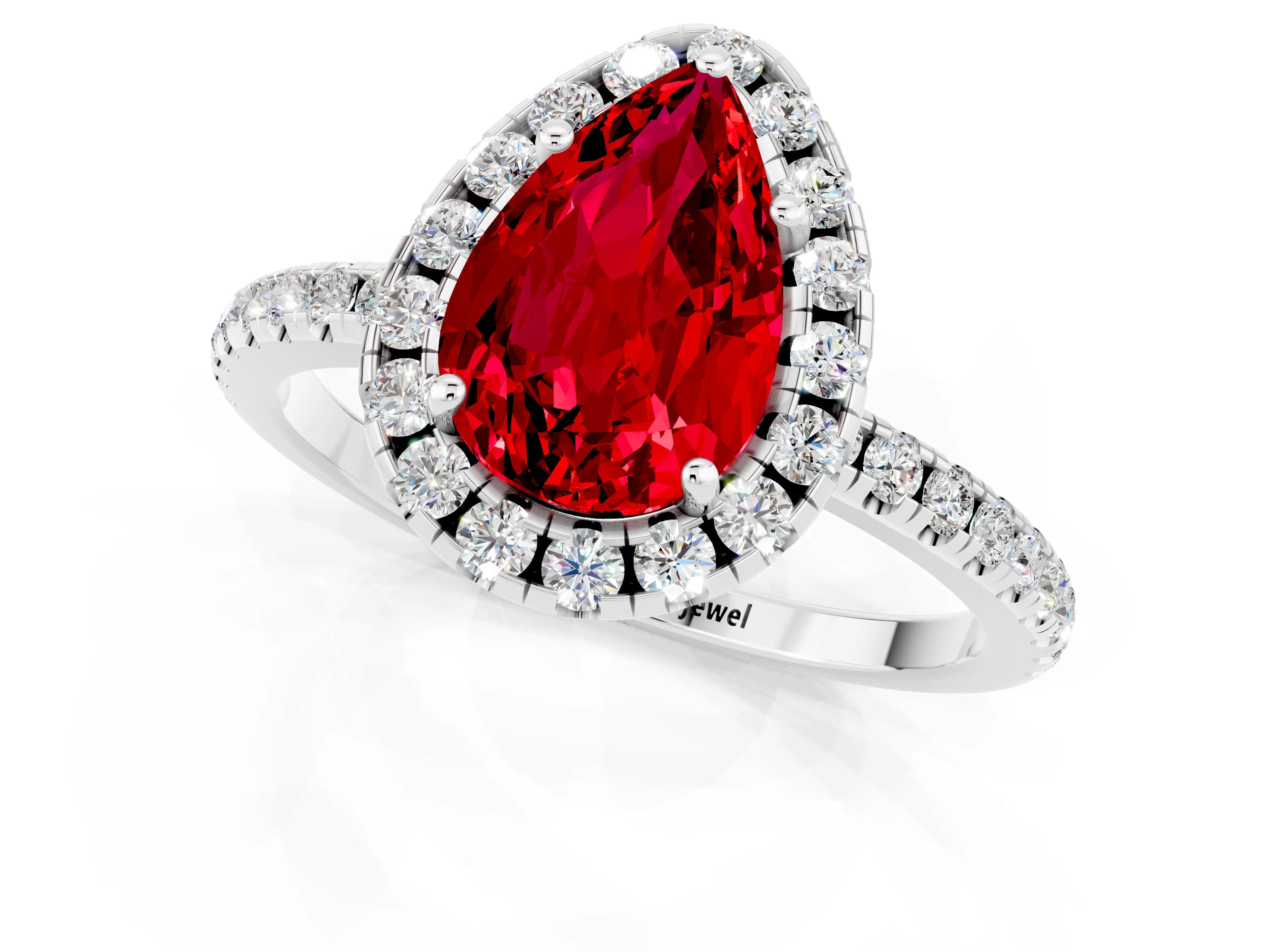 White gold Pear Cut Cut Diamond Floral Halo Engagement Ring with Pavé Band and Prong Setting_1