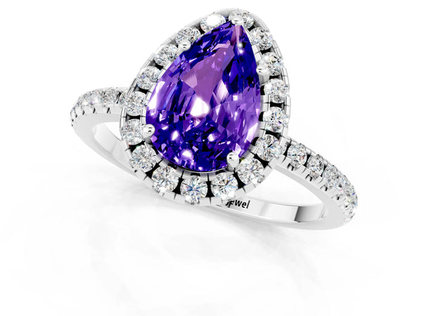 White gold Pear Cut Tanzanite Halo Engagement Ring with Round Pavé Band and Prong Setting