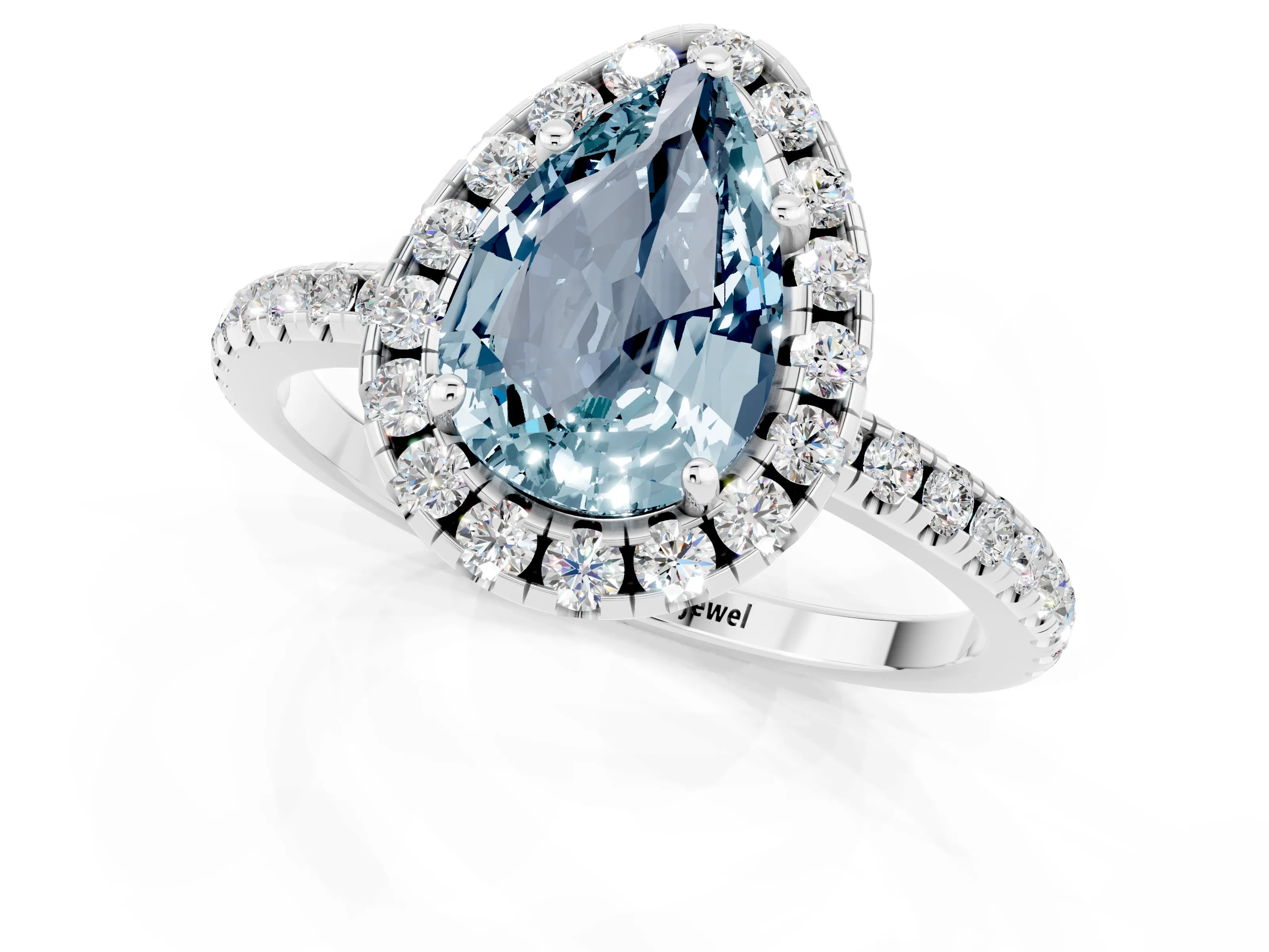 White gold Pear Cut Cut Diamond Floral Halo Engagement Ring with Pavé Band and Prong Setting_1