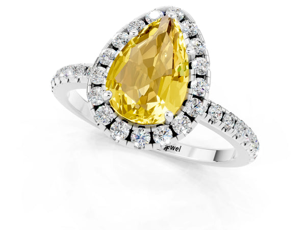 Silver Pear Cut Yellow Sapphire Halo Engagement Ring with Round Pavé Band and Prong Setting