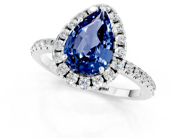 White gold Pear Cut Blue Sapphire Halo Engagement Ring with Round Pavé Band and Prong Setting