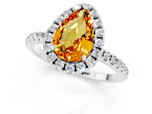 White gold Pear Cut Citrine Halo Engagement Ring with Round Pavé Band and Prong Setting
